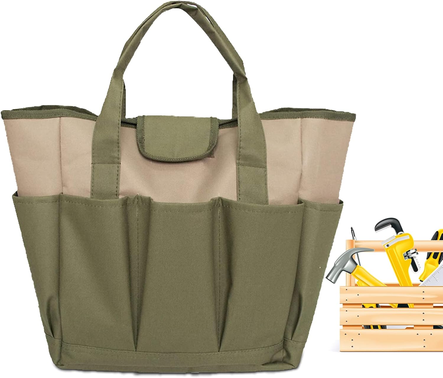 Garden Tool Bag,Canvas Heavy-duty Garden Tote with 8 Deep Pockets Gardening Storage Tote for women Men Garden Plant Tool Set Store Content Bag,for Gardener Regular Size Tools Storage(Army Green)