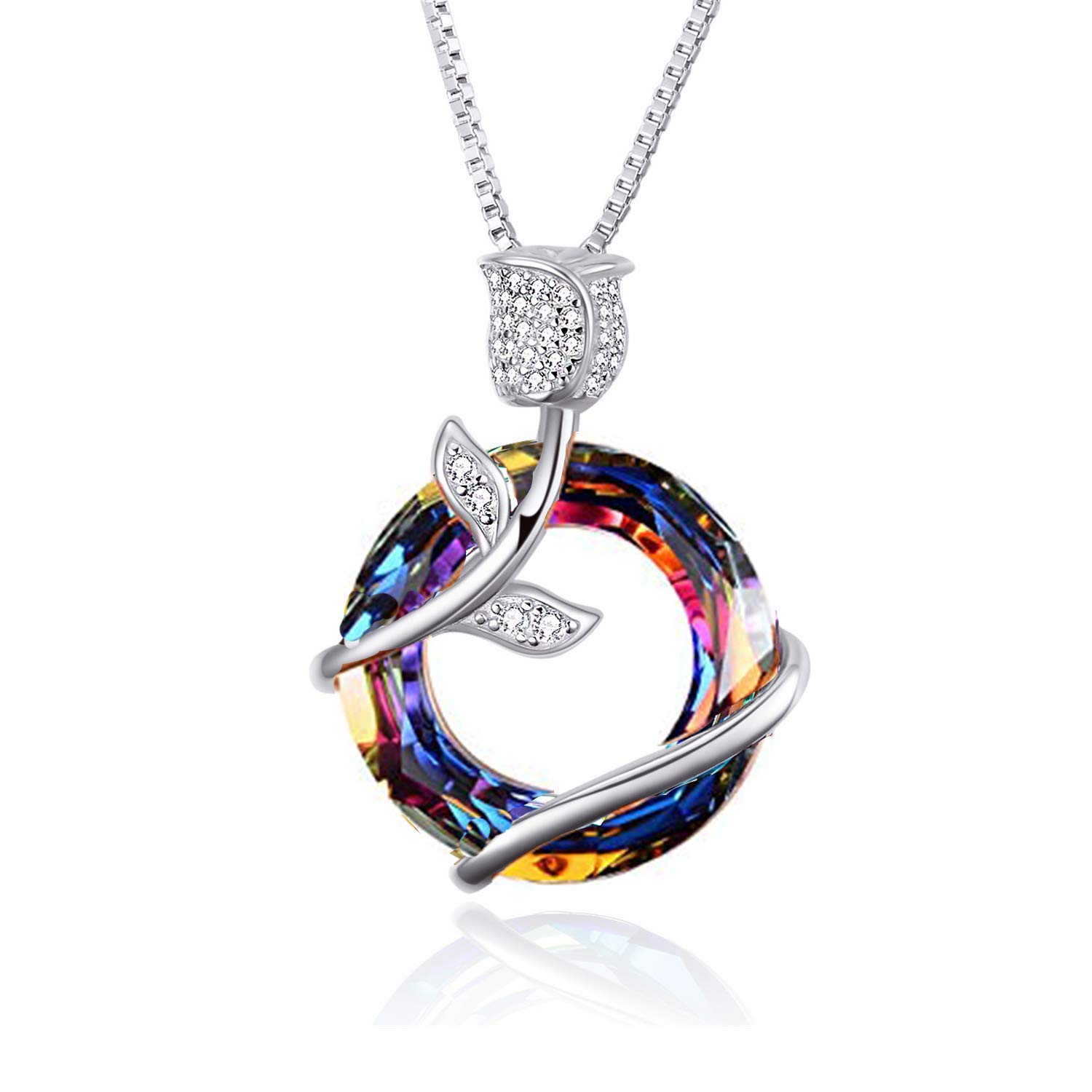 AOBOCO Rose Flower Pendant Necklace 925 Sterling Silver Crystal Jewellery Mothers Day Wedding Birthday Gifts for Her Women Girlfriend Wife Mum