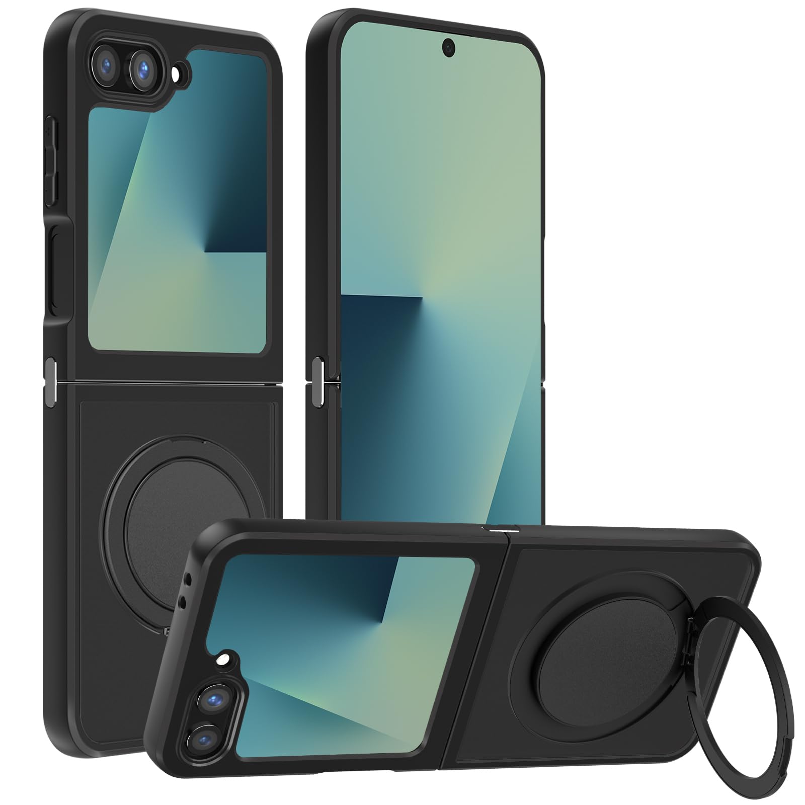 HikerClub for Galaxy Z Flip 7 FE (2025) Magnetic Case with 360 Degree Rotating Stand Kickstand, Translucent Matte Shockproof Soft TPU Silicone Bumper Lens Protector Protection Cover, Black