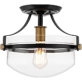 Kira Home Zurich 12" Rustic Farmhouse Semi-Flush Mount Ceiling Light + Glass Shade, Warm Brass Accents, Black Finish