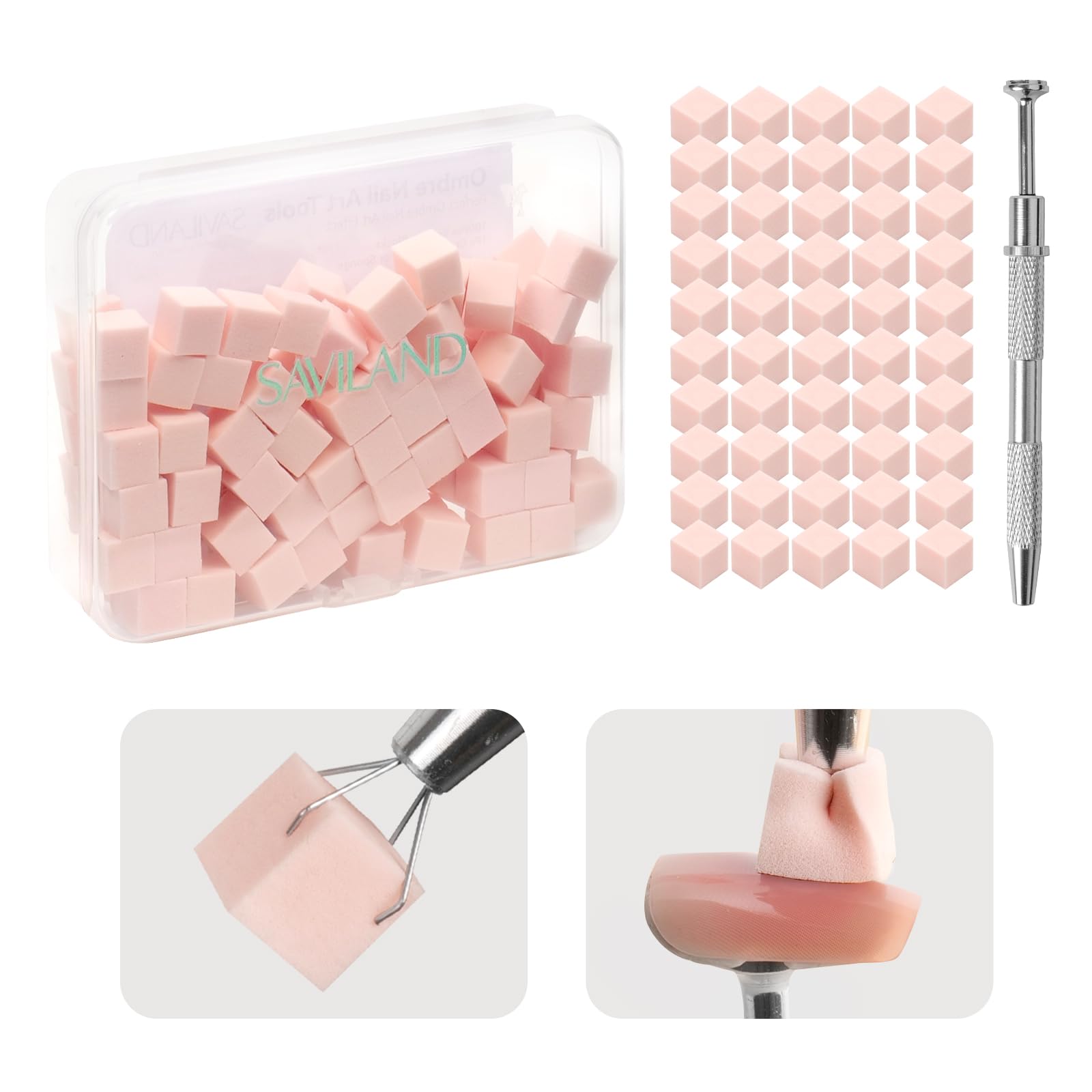 SAVILAND Nail Sponges for Ombre: 100Pcs Pink Nail Art Sponges with Metal Grabbing Pen Soft Ombre Nail Sponge Brush Nail Art Tools for Gradient Nail Design, Easy to Use