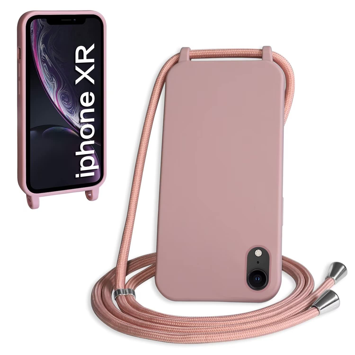 SLWYF Crossbody Lanyard Case for Phone XR 6.1", Liquid Silicone Protective Phone Case with Strap Adjustable Neck Cord Necklace Soft Cover for Phone XR 6.1", Sand pink