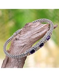 NOVICA de amatista plata de ley 925 oro 18 K pulsera, 7.5" "Bedugul Templo