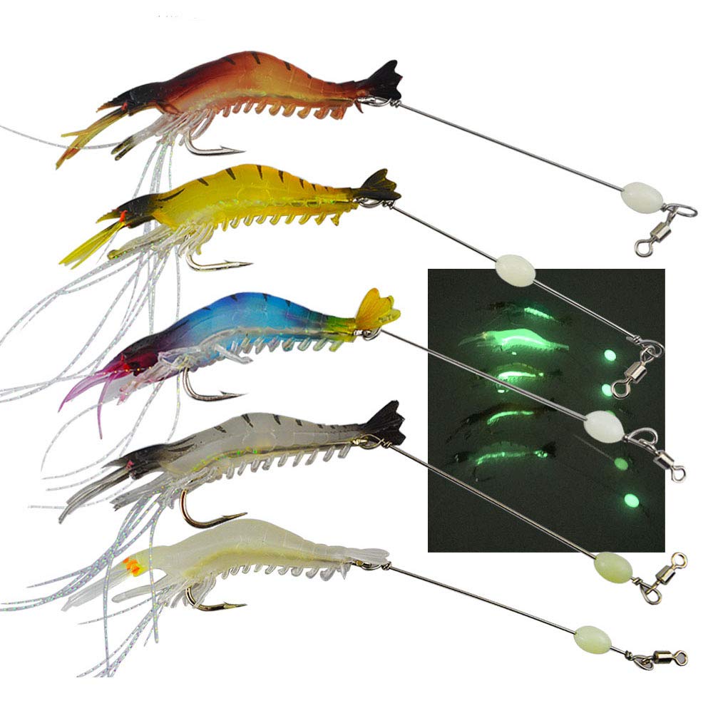 Senven Fishing Lure, Artificial Shrimp Bait - 5 Pcs, 97 mm, Soft with Hook, Fishing Lures for Outdoor Fishing, Luminous Bionic Shrimp - Yellow, Blue, Red, White, Random color