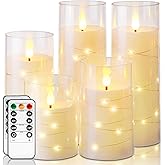 Homemory Flameless Candles with Embedded Star String Fairy Lights, Battery Operated Candles, LED Candle, Fake Candles with Remote Control and Timer, Ivory, Set of 5(H4 5" 6" 8" 8")
