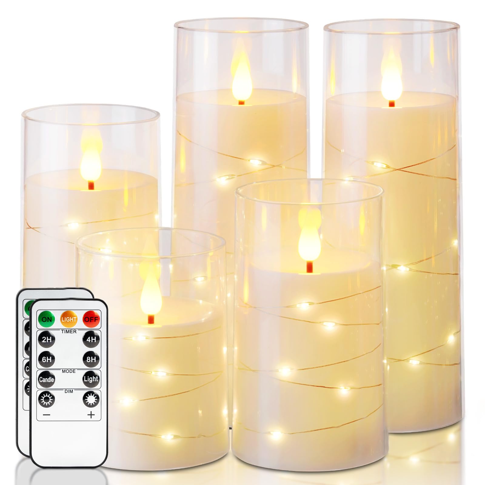 Photo 1 of Homemory Flameless Candles with Embedded Star String Fairy Lights, Battery Operated Candles, LED Candle, Fake Candles with Remote Control and Timer, Ivory, Set of 5(H4 5" 6" 8" 8")