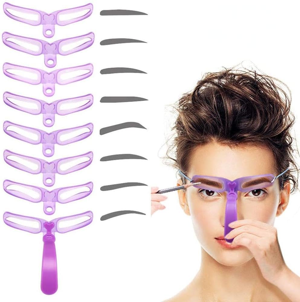 Eyebrow Stencil for Beginners, 8 Styles Eyebrow Shaper Kit with Eyebrow Brush and Brow Razor Trimmer, Reusable DIY Eyebrow Stencils Template