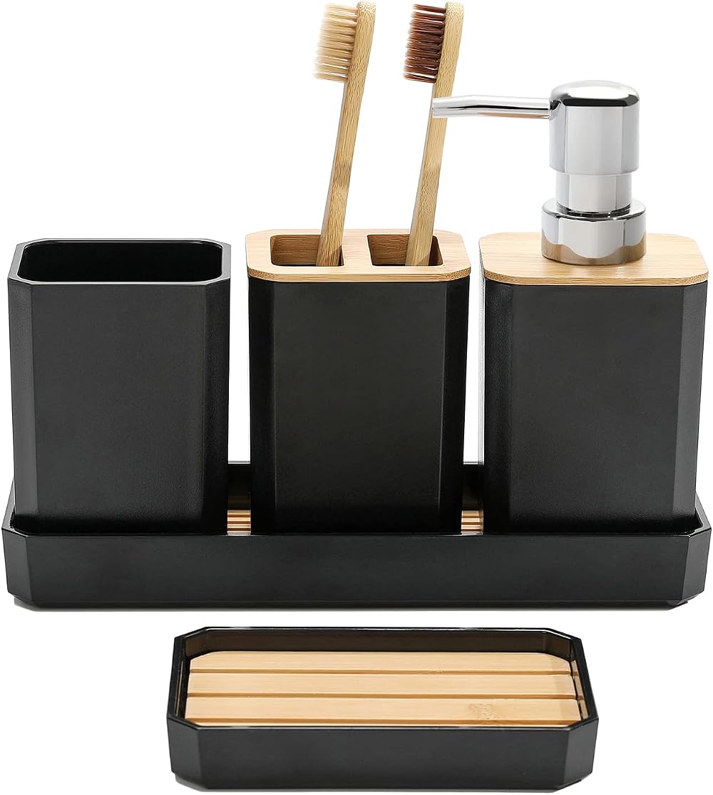 FEILANDUO 5 Pcs Bathroom Accessory Set Black Boho Modern Decor Dispenser