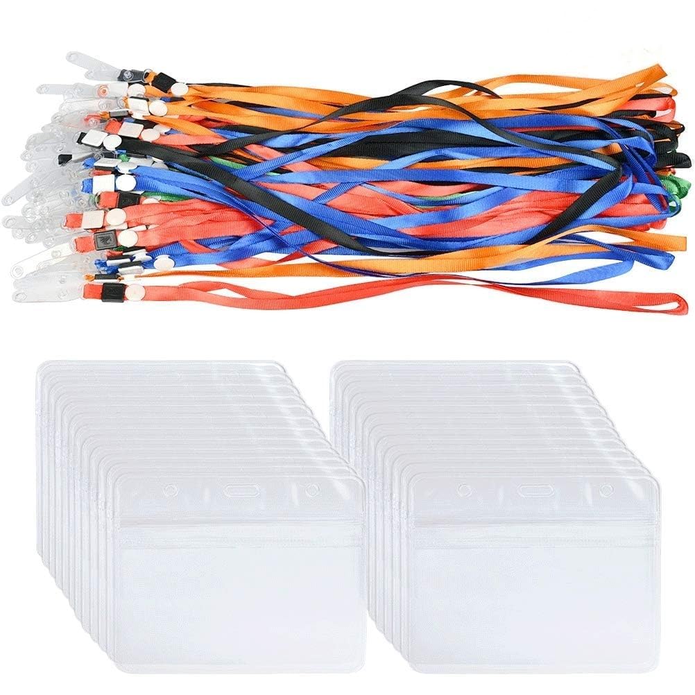 BUYGOO 50Pcs Name Badge Card Holders with Neck Lanyards for Staffs Students Teachers, Waterproof Clear ID Tags Holders and Neck Strap Vertical Name Card Holder for Office Exhibition Conference