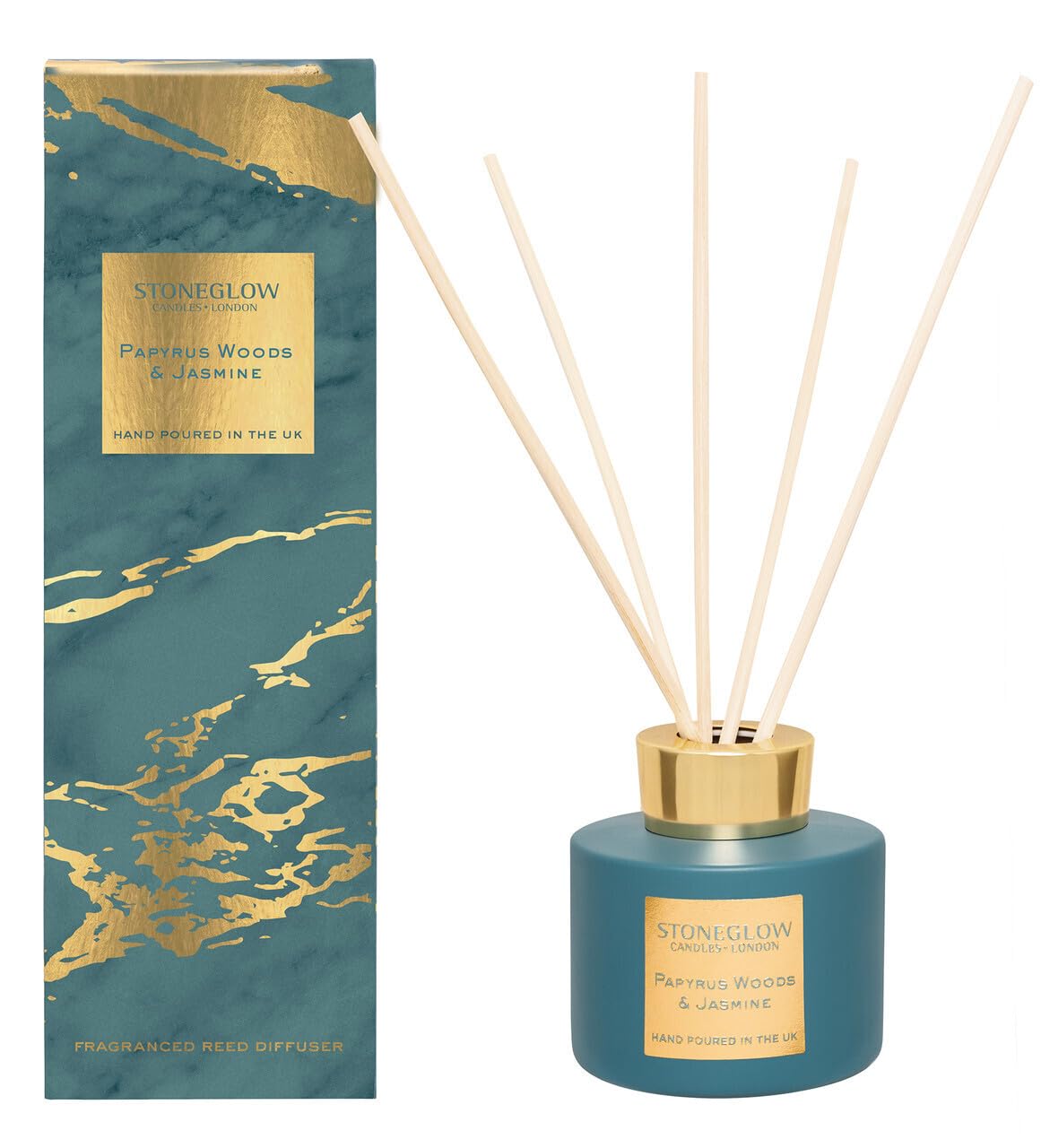 Stoneglow Luna Collection Papyrus Woods & Jasmine Scented Reed Diffuser 120ml – Green Apple, Bergamot & Pink Pepper Scents, Lasts 10 Weeks, 12 Rattan Reed Diffuser Sticks, Refillable Home Fragrance