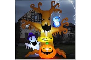 GOOSH 8 FT Halloween Inflatables Dead Tree Outdoor Decorations Blow Up Yard Owl Ghosts and Pumpkins Surround The Dead Tree with Built-in LED Lights for Outdoor Party Garden Lawn Decor