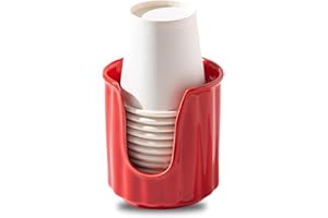 TANEW Kid Ceramic Bathroom Cup Dispenser with Stylish Vertical Stripes - Dixiee Cup Dispenser & Mouthwash Cup Holder Holds 3oz Paper Cups for Rinsing Cups on Bathroom Vanity Countertops Glossy Red