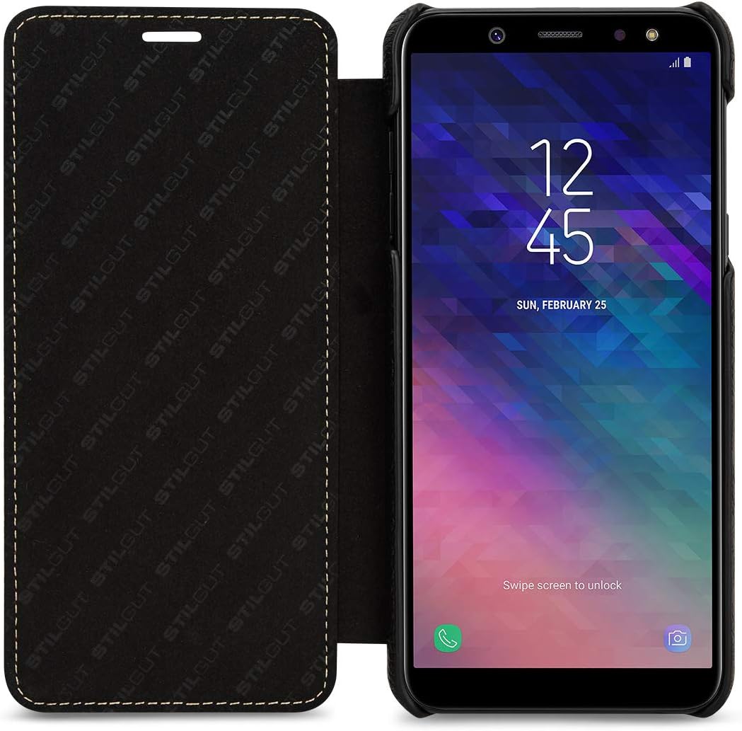 StilGut Book Type Flip Case for Galaxy A6 Plus/A6+ 2018, Genuine Leather Samsung Galaxy A6 Plus Case, Black - Image 3