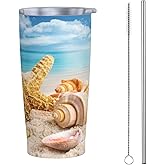 Dujiea 20oz Tumbler With Lid And Straw, Tropical Seashells Ocean Beach Vacuum Insulated Iced Coffee Mug Reusable Travel Cup Stainless Steel Water Bottle