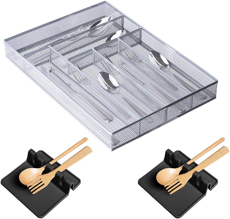 6 Compartments Metal Mesh Utensil Organizer Add 2 Black Silicone Utensil Rests, Utensil Tray Drawer Organizer with Non Slip Mat for Kitchen, Office, Crafts, Bathroom Supplies
