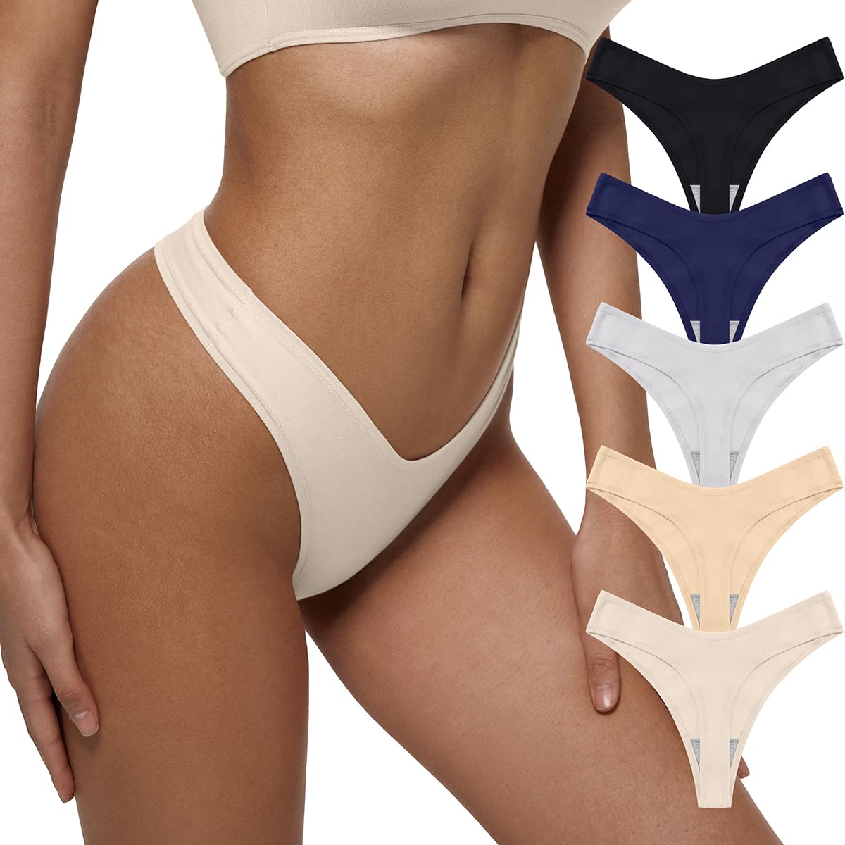 Photo 1 of REORIA Womens Cotton Seamless Thongs Panties for Women Sexy No Show Breathable Comfortable Underwear 5-Pack