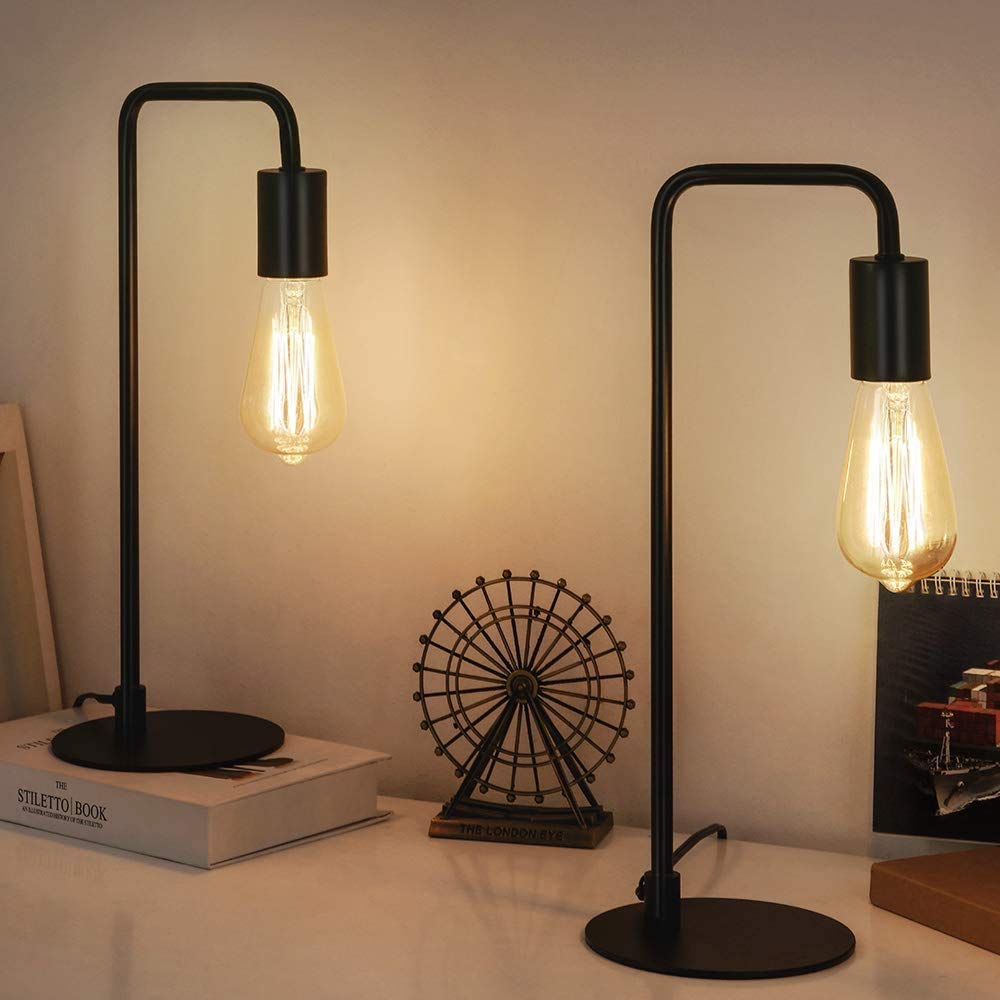 HAITRAL Vintage Industrial Bedside Lamps Set of 2 - Metal Desk Lamp with Circular Base, Nightstand Lighting for Bedroom, Office, Living Room - Black Retro Edison Style Table Lamp