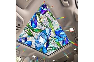 JOONOR Blue Iris Flowers Sunroof Film Floral Rainbow Effect Static Clings Window Privacy Film Sun Protection Stained Glass Decals for Car Moonroof & Side Windows, 17.72 x 35.43 Inch