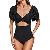 Upopby Women's Cutout One Piece Swimsuit Tummy Control Swimwear Retro Puff Sleeve High Waisted Bathing Suits