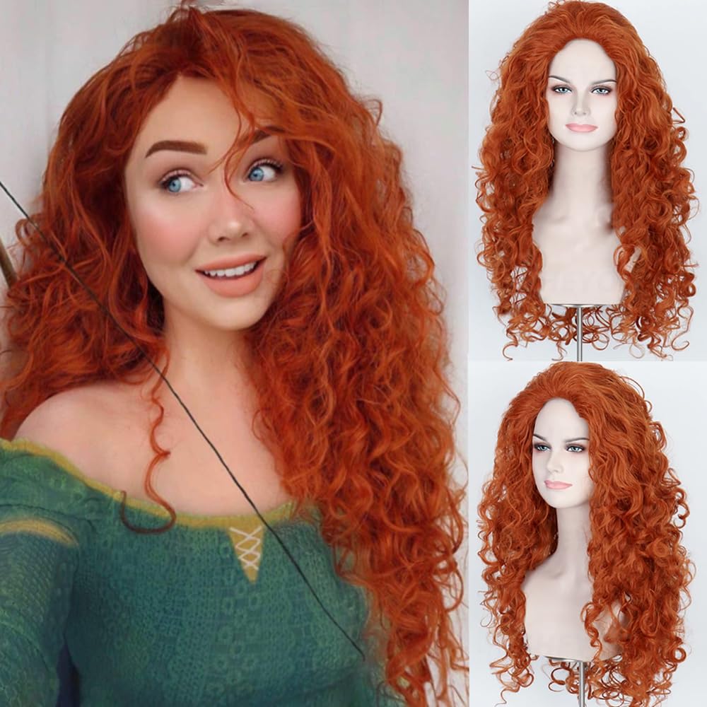 PORSMEER Long Curly Orange Wig Cosplay Copper Red Wig for Halloween Princess Costume — image 1