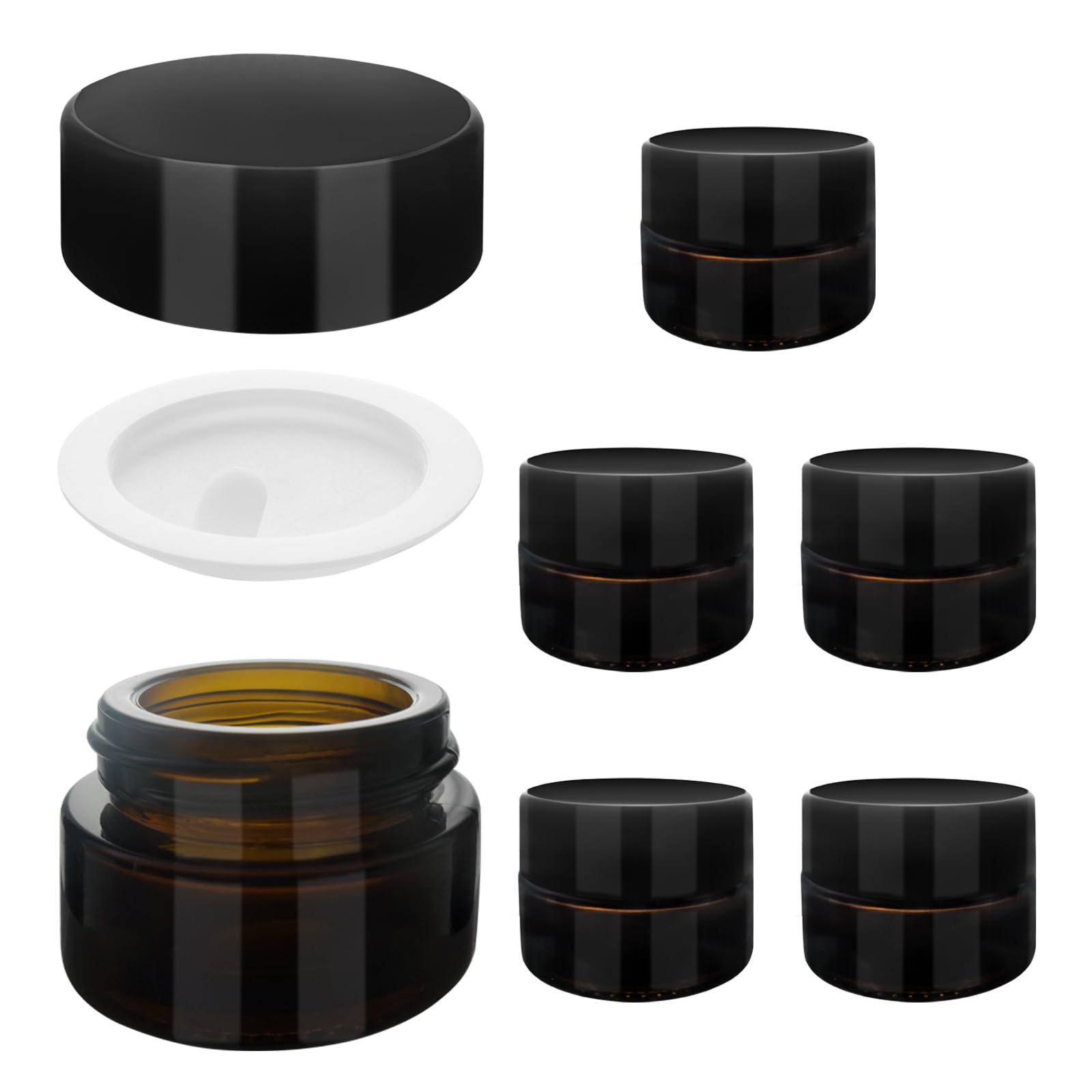 SyiXute 6 Pack 5ml Brown Glass Cosmetic Tinted Jars,Empty Amber Glass Jars,Refillable Cosmetic Face Cream Jar with Screw on Lids and White Liners for Creams,Lotions and Essential Oils