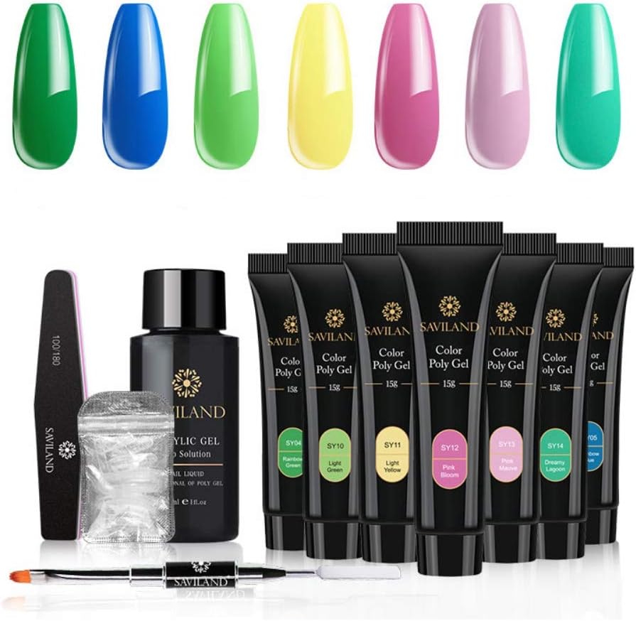 Novobey 11 Pieces Poly Nail Gel Kit, Include 7 Colors Poly Nail Gel, Slip Solution, Dual Nail Brush, Nail File, Model Nail Tips, Nail Extension Manicure Kit for Nail Enhancement