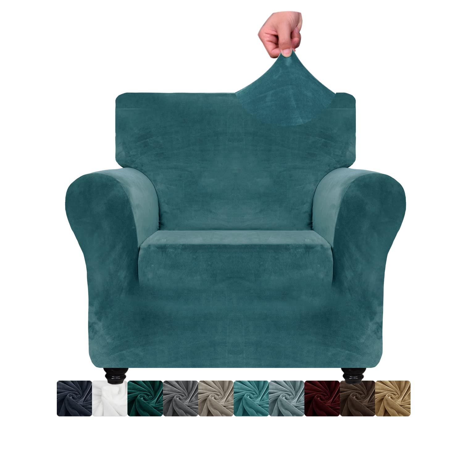 CHELZEN Velvet Chair Covers for Armchairs 1 Seater Thick Stretch Couch Covers for Dogs Pets Non-Slip Chair Slipcover with Arms Furniture Protector for Living Room (1 Seater, Peacock Blue)
