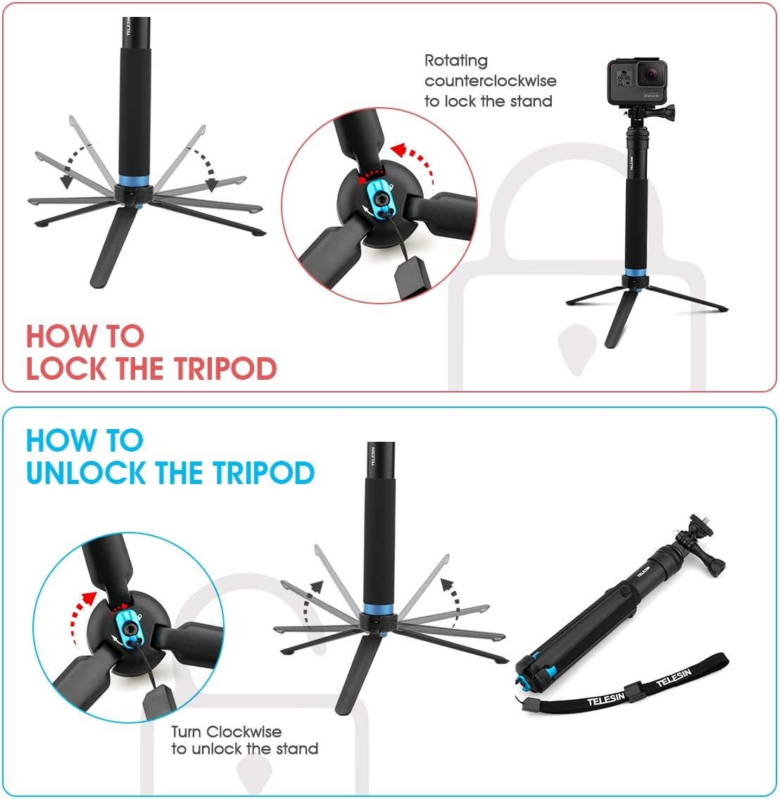 AFAITH Upgraded Pole for GoPro, Aluminum Alloy GoPro Selfie Stick with Stable Tripod Waterproof Handheld Monopod for GoPro Hero 8 Black/Hero 9 Black/7/6/5/4/ Osmo Action Camera/Xiao Yi Action Camera : Camera & Photo