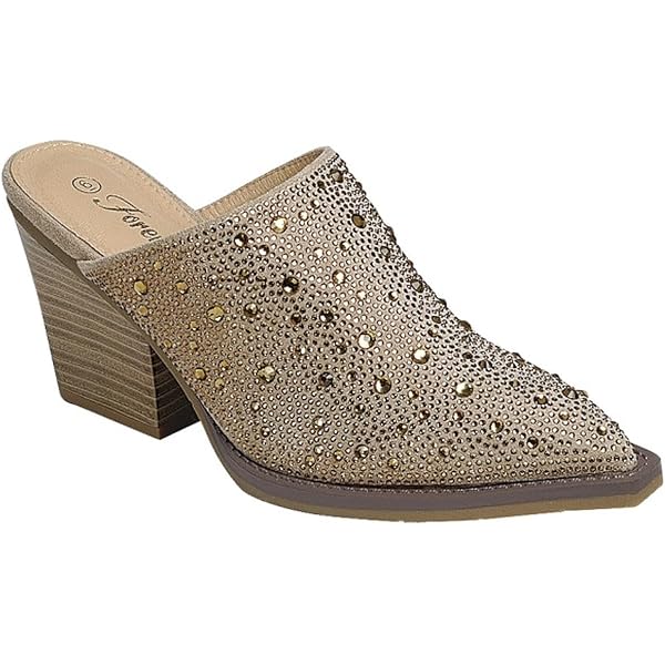 Women's Rhinestone Pearl Mules With Chunky Block Heels - Slip On Heeled Sandals For Dressy Occasions