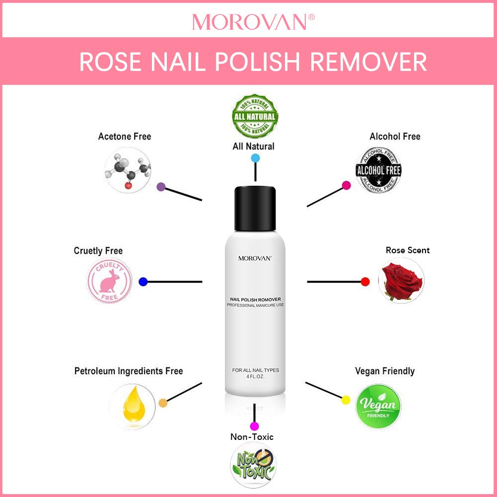 Professional Nail Gel Remover - Rose Formula - Morovan Nail Polish Remover Non-Acetone Liquid Moisturizing Conditioner Essential Oil Vegan Remove Soak-Off Glitter Gel Acrylic Dip Nails (4oz / 120ml) : Beauty