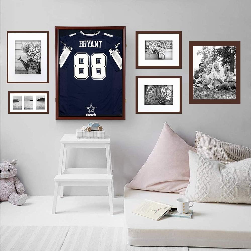 Snail Jersey Frame Display Case Large Lockable Frames Shadow Box with UV Protection Acrylic for Baseball Basketball Football Soccer Hockey Sport Shirt, Hanger and Wall Mount Option, Mahogany Finish : Sports & Outdoors