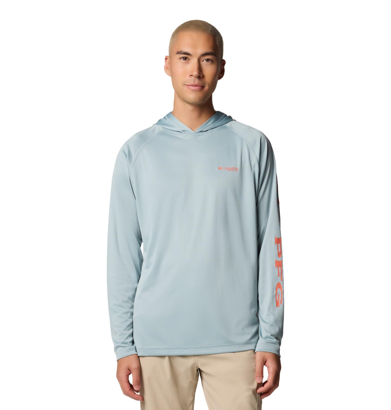 Columbia Mens PFG Terminal Tackle Long Sleeve Fishing Hoodie, Crushed Blue/Faded Peach Logo, 3X Tall