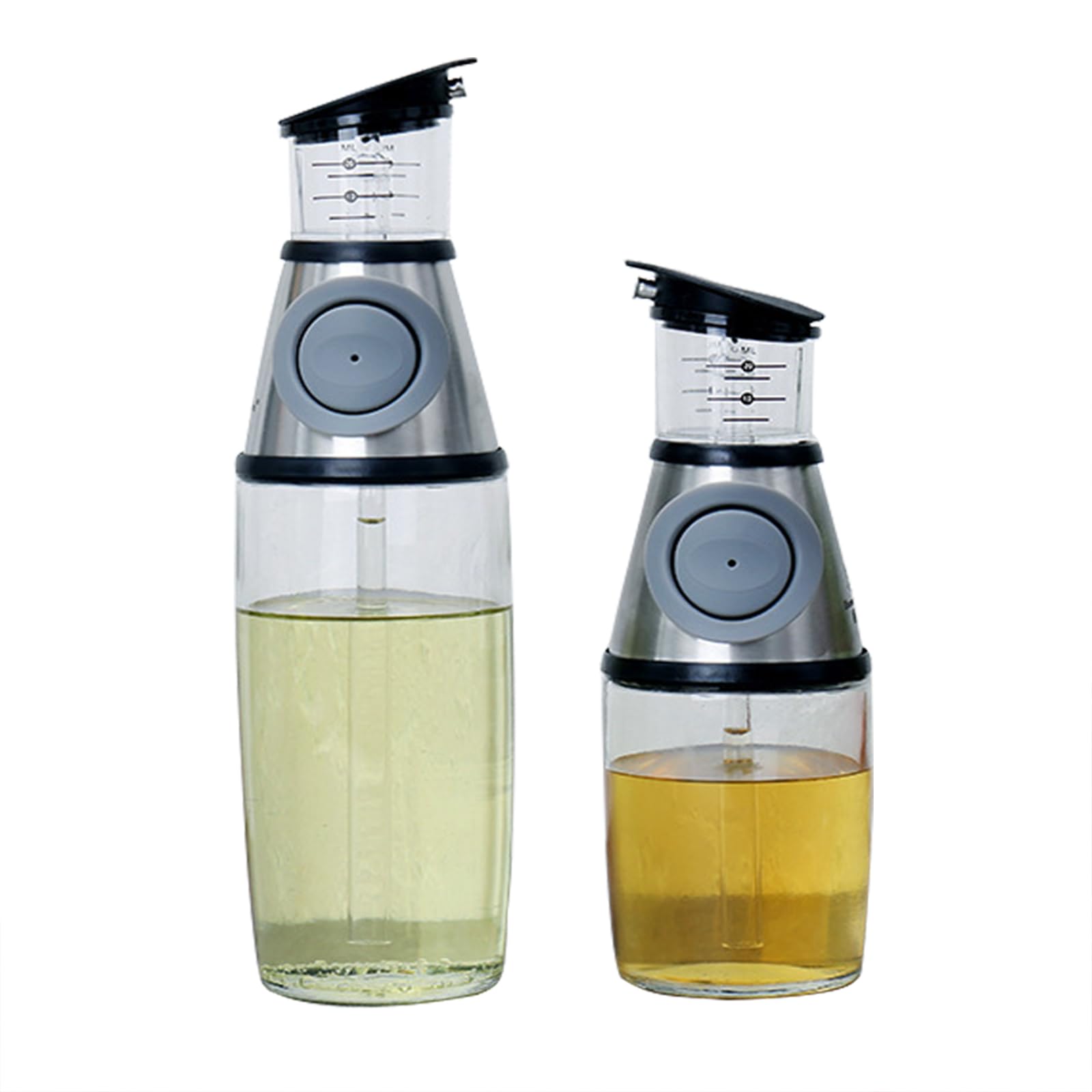 soulnioi Oil Dispenser Bottle For Kitchen/2 In 1 Push Button Glass Oil Bottle/Portable Oil Bottle Measuring Oil Vinegar Dispenser For Air Fryer,Cooking,BBQ Grey 250ml+500ml