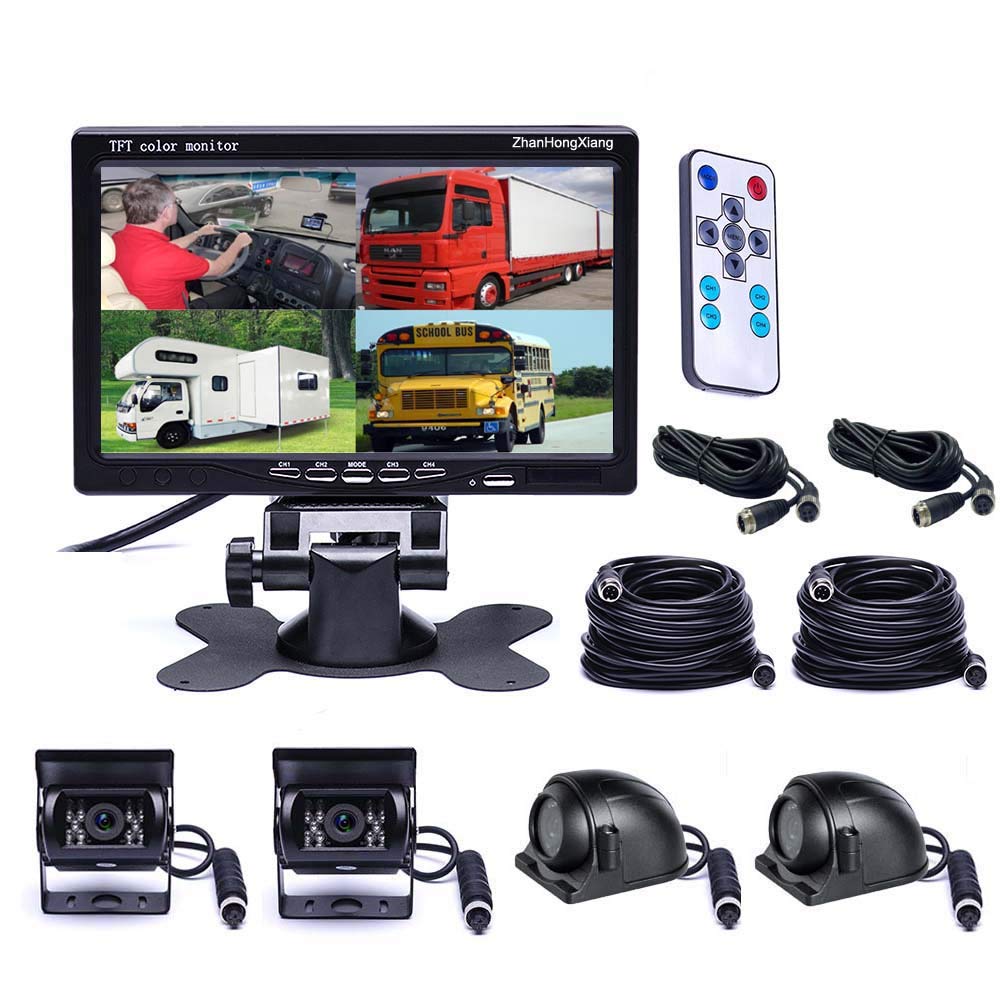 Vehicle Reversing Cameras Monitor Kit 12V/24V,4 x AHD 1080P Car Front Side Rear View Mirror Reverse Camera + 7" inch Quad 4-Split LCD IPS Screen for Bus Truck Trailer Caravan Camper Motorhome