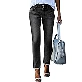 Sidefeel Women's High Waisted Jeans Strechy Fashion Raw Hem Straight Leg Ankle Denim Pants with Pockets