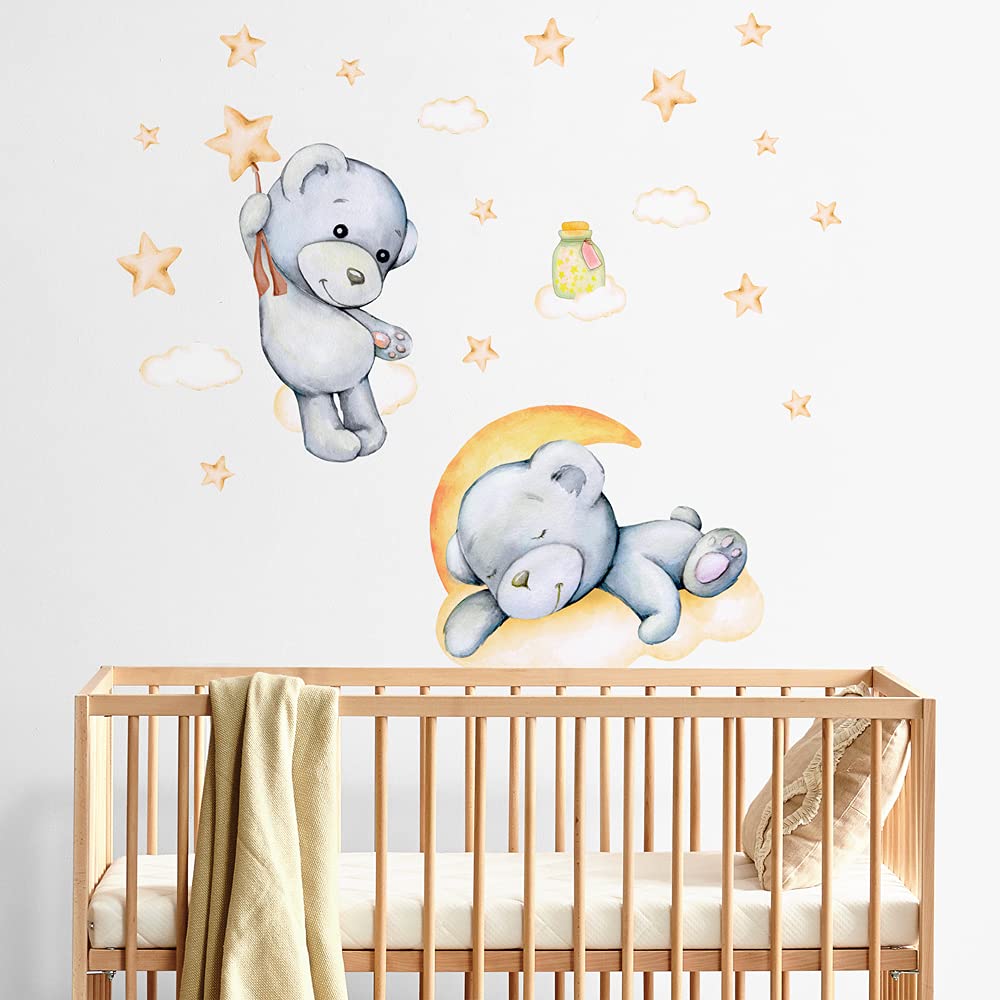 kina - R00576 Baby Wall Stickers Ecological and Hypoallergenic Soft Fabric Effect Repositionable Bear on the Moon Wall Decoration Nursery Nursery Wallpaper - Size 42x30cm