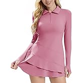 ECUPPER Womens Long Sleeve Tennis Dress Workout Athletic Golf Dresses Polo Outfits with Shorts & Thumbholes