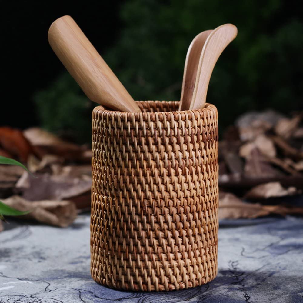 Photo 1 of Handmade Vine Desk Organizer Pen Container Box Tea Caddy Makeup Brushes Holder Stand, Rattan Pencil Holder, Boho Table Décor Office Cups Organizer for Desk, Stationery, Flower Vase, Brown, (Cylinder)