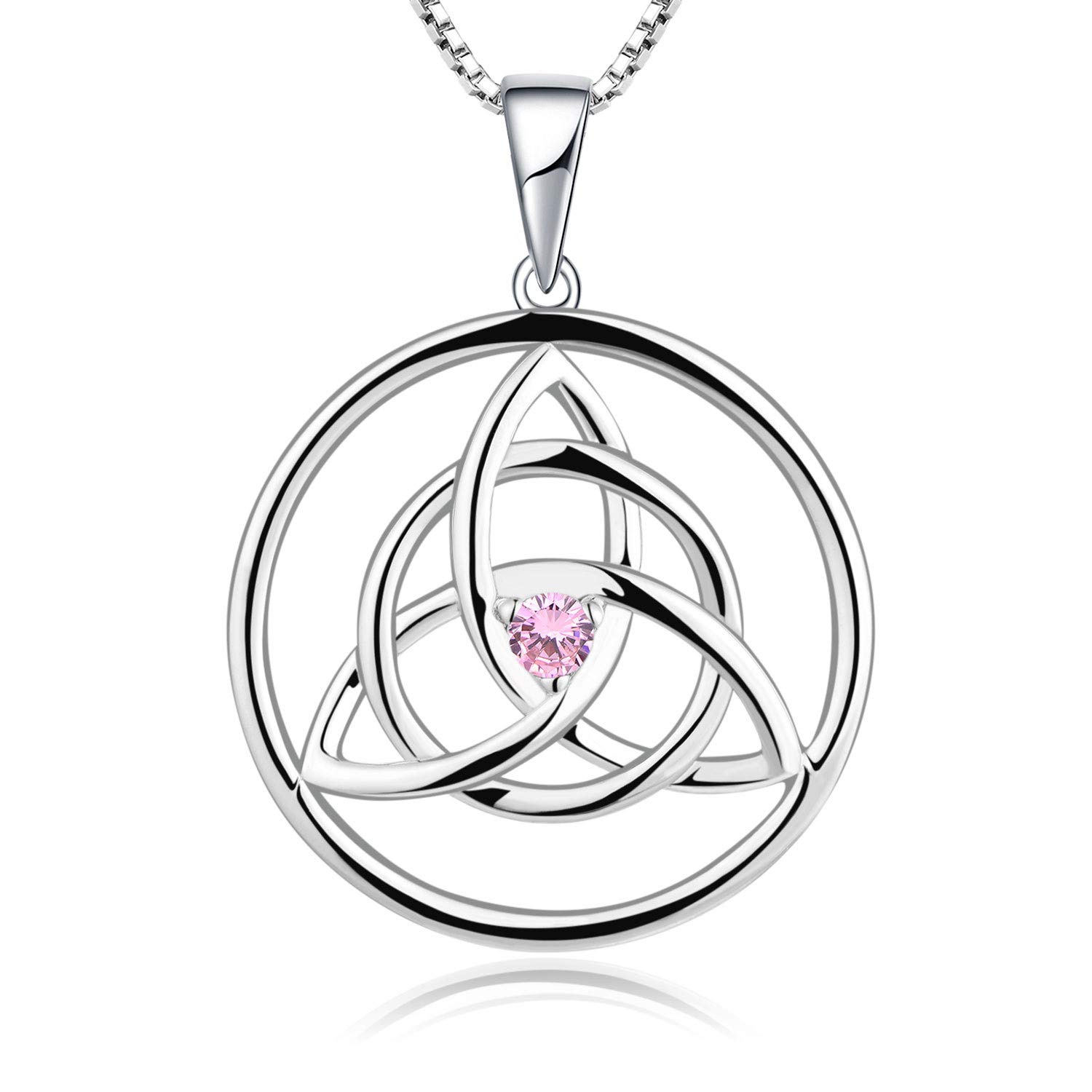 YL Celtic Necklace 925 Sterling Silver October Birthstone Pink Cubic Zirconia Celtic Knot Pendant Necklace for Women, Chain Length 45+3CM