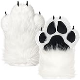 GloveSpire Furry Paws with Built-in Whistle, Faux Fur Plush Cat Claws Gloves, 12.0" x 8.5" Large Fursuit Paw Gloves for Anime Cosplay, Furry Costume Accessories for Adults (White)