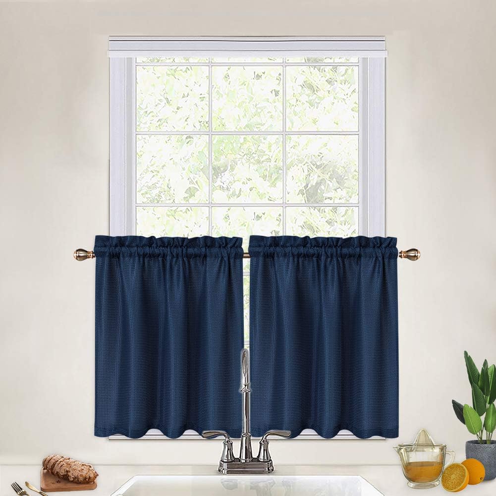 Amazon Com Caromio 24 Inch Navy Blue Kitchen Curtains Waffle
