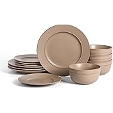 Earth & Clay Hazel 12-Piece Stoneware Dinnerware Set, Plates and Bowls Set, Dishwasher and Microwave Safe, Dish Set for 4, Sand