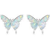 CUOKA MIRACLE Butterfly Earring Opal Butterfly Studs Earrings 925 Sterling Silver Hypoallergenic Butterfly Jewelry White/Black/Yellow/Orange/Purple/Blue/Green Stud Earrings for Sensitive Ears