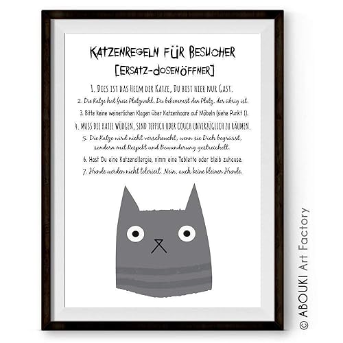 ABOUKI einzigartiger Kunstdruck - ungerahmt -'Katze Katzenregeln Hausordnung' Poster, Plakat, lustige Geschenk-Idee für Katze