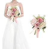 HOMENERGY Bridesmaid Bouquets for Wedding - 9 Inch Artificial Flowers Bouquets for Ceremony Anniversary Centerpieces Decorations - Pink & White