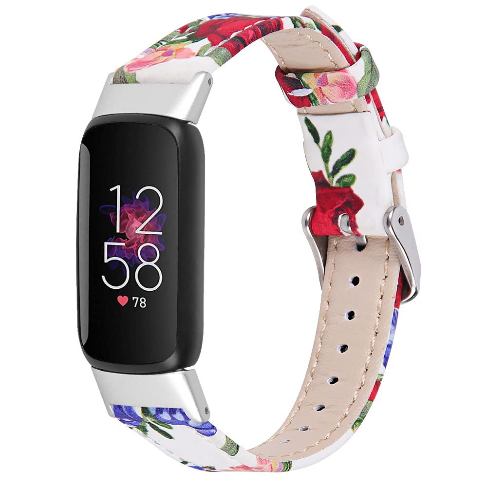 Gimuk Ginamart Leather Strap Compatible with Fitbit Luxe Strap, Women Men Genuine Leather Wristband Replacement Watch Strap Band for Luxe Fitness Tracker (White Flower)