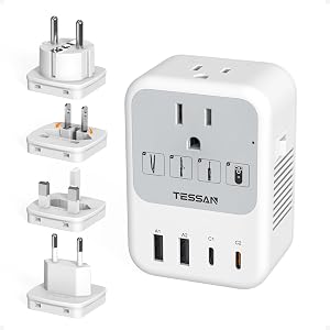 TESSAN 220V to 110V Voltage Converter US to Europe Universal Travel Adapter | 4 USB Ports (2 USB-C), 2 AC and EU/UK/JP/FR Pow