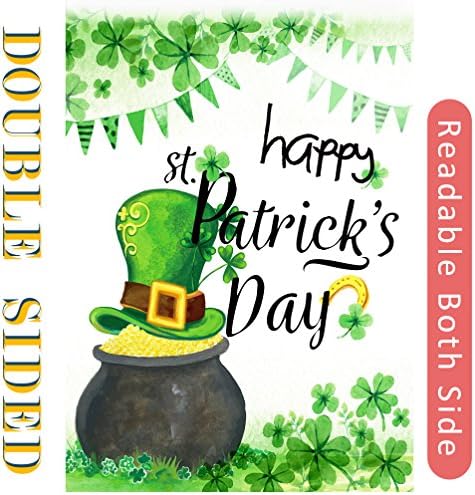 Happy St. Patrick's Day Garden Flag-Double Sided Read,St Patrick Shamrock Clover,Saint Pat Pot of Gold Coins,St Pat's Hat Canvas Banner,Holiday Decoration for Yard,Home,Outdoor Décor,12 x 18 inche