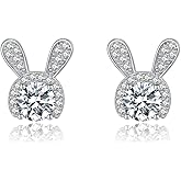SLUYNZ 925 Sterling Silver Easter Rabbit Studs Earrings for Women Teens CZ Rabbit Bunny Earrings Studs