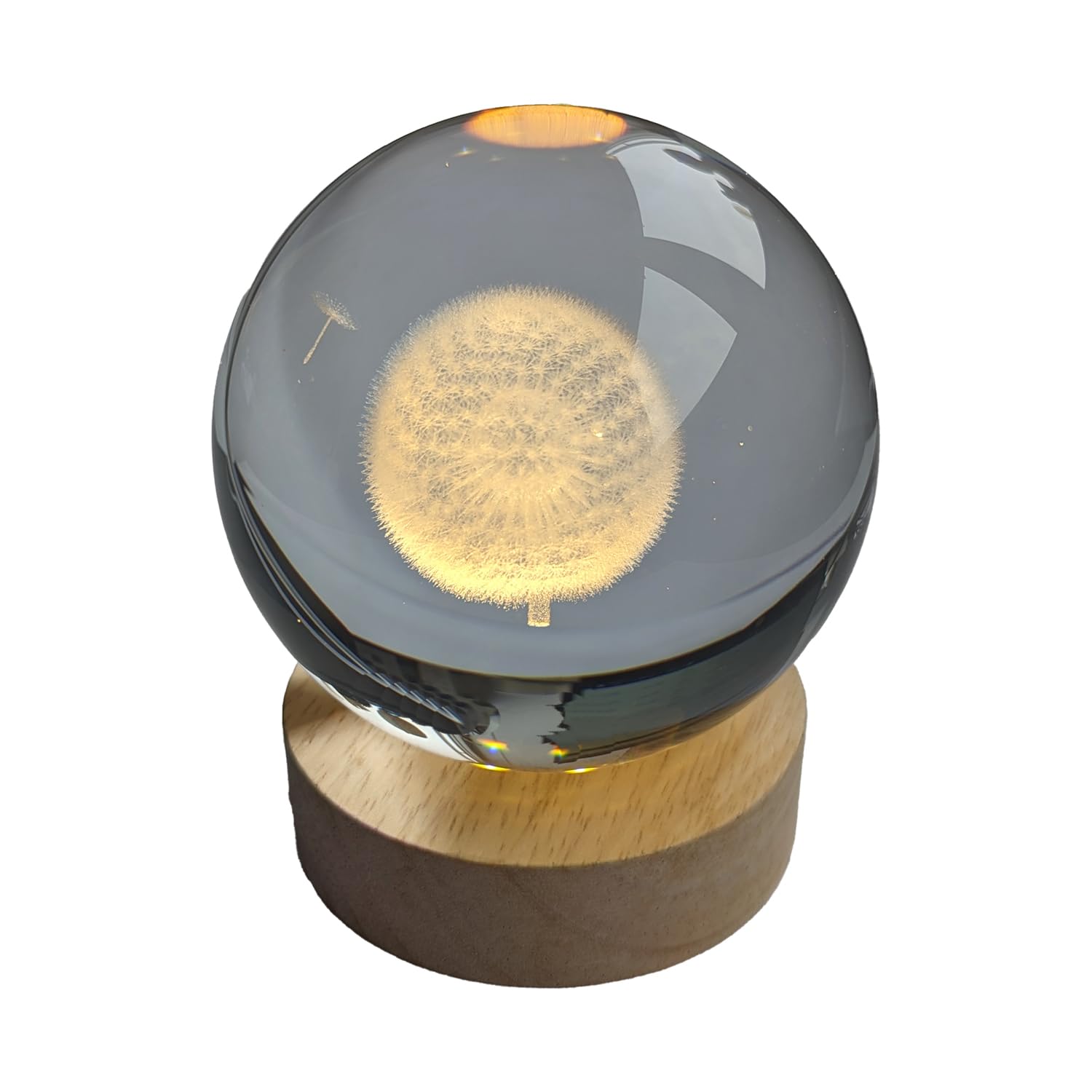 Pfronten Schmuck Hologram Glass Ball Approx. 8 cm Dandelion with Wooden LED Coaster (Approx. 7 cm) 3D Crystal Ball Night Light Mood Light Lamp